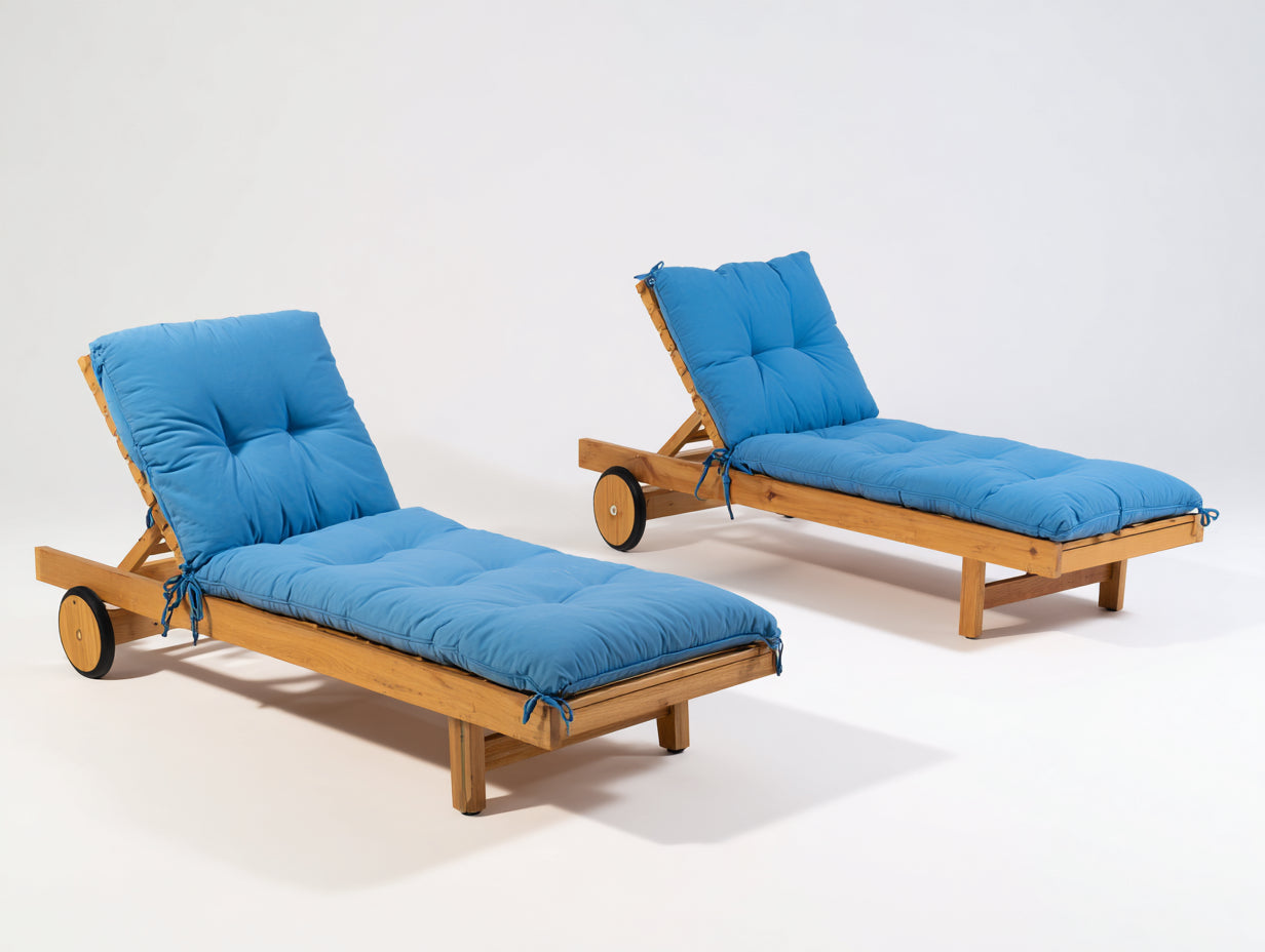 Sonnenliege Set aus Holz und Stoff 200 x 70 x 35 cm - Natur Blau - 2 verstellbare Gartenliegen mit gesteppten Polsterauflagen und Rollen für den Außenbereich