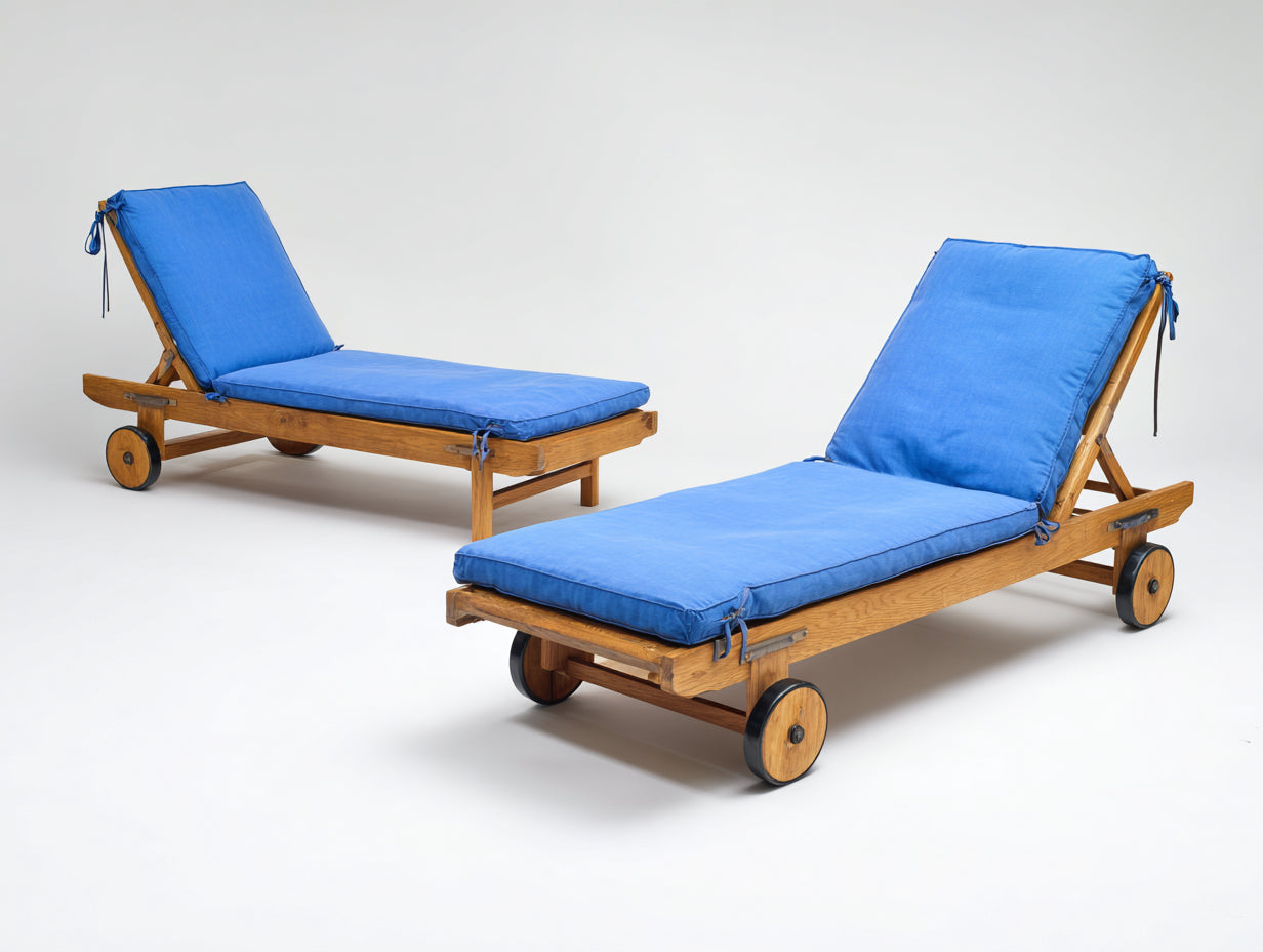 Sonnenliege 2er-Set aus Massivholz 200x70x92 cm - Braun und Blau - Verstellbare Rückenlehne mit Rollen