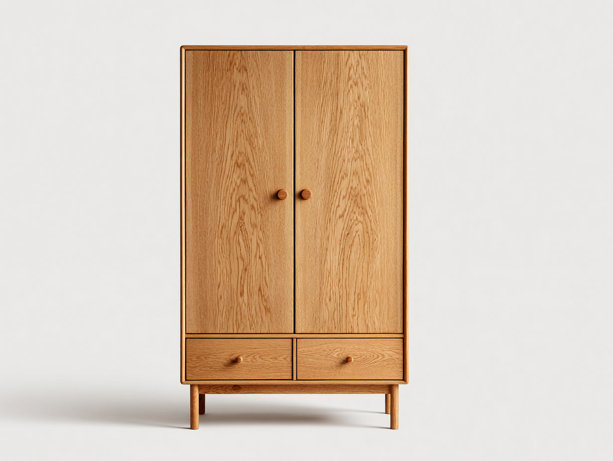Kleiderschrank aus Massivholz 100x55x190 cm - Naturfarben - 2 Türen und 2 Schubladen im modernen Stil
