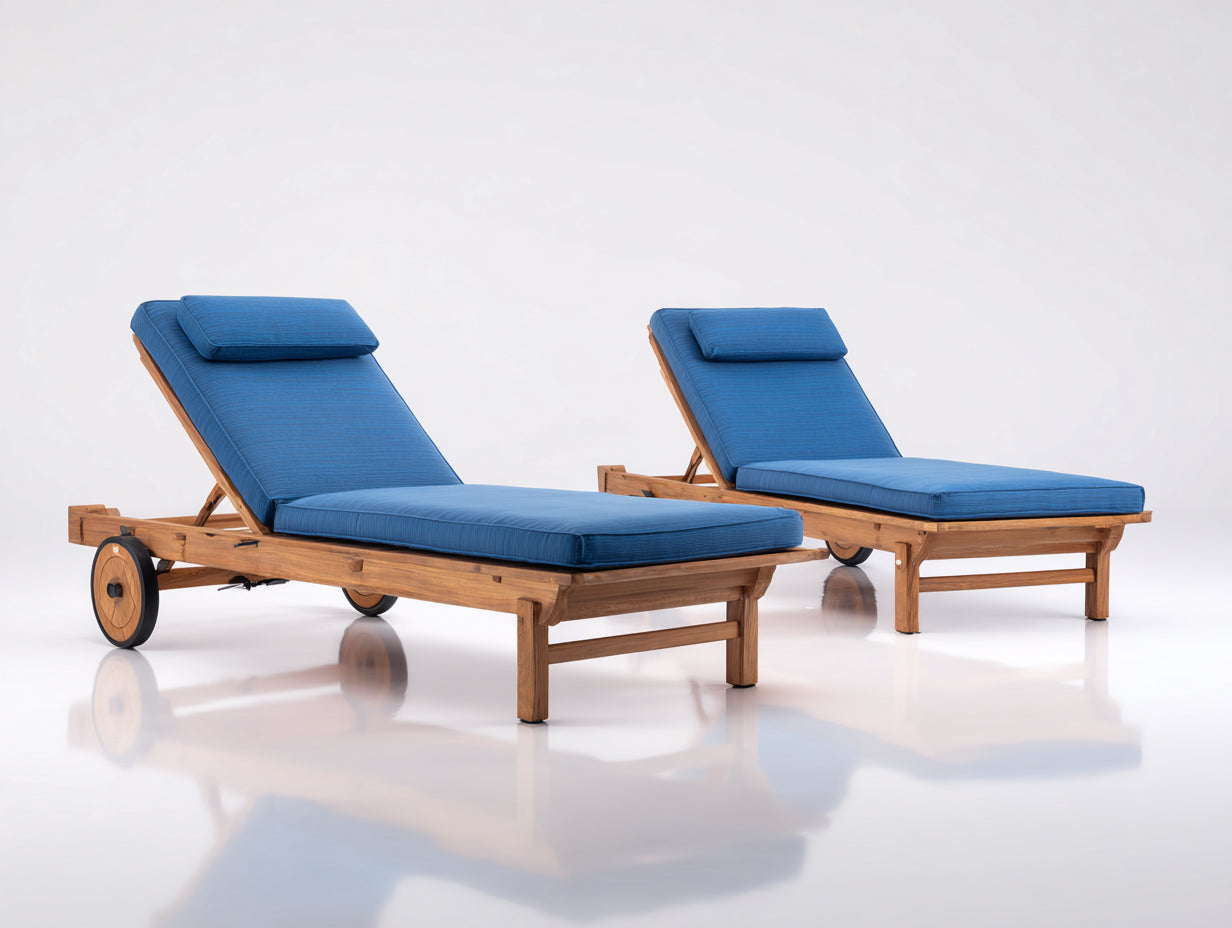 Sonnenliege 2er-Set aus Massivholz 200x70x90 cm - Braun und Blau - Verstellbare Rückenlehne mit Rollen