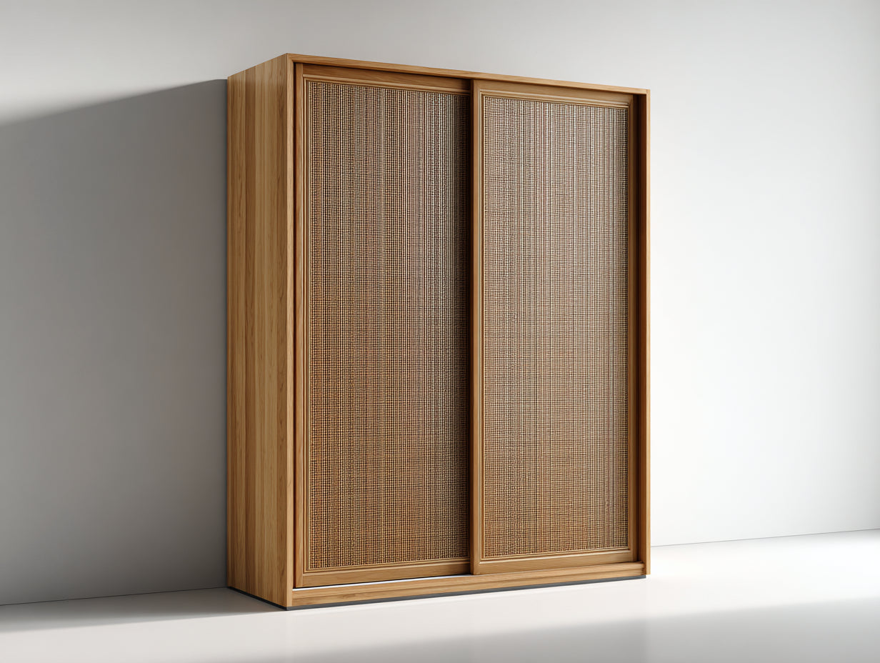 Kleiderschrank Holz 120x55x185 cm - Naturholz-Beige - 2-türig mit Geflechtfront für Schlafzimmer