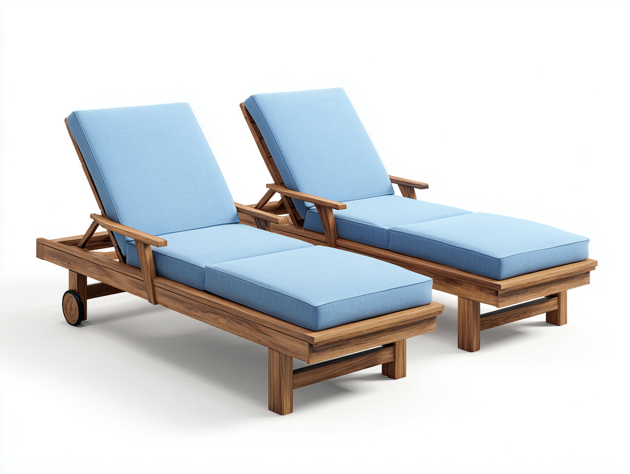 Sonnenliege 2er-Set aus Massivholz 200x70x92 cm - Braun und Hellblau - Verstellbare Rückenlehne mit Rollen
