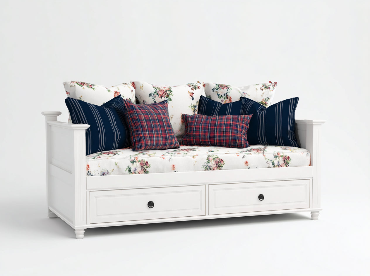 Schlafsofa Holzrahmen 205x95x88 cm - Weiß - Landhausstil mit 2 Schubladen
