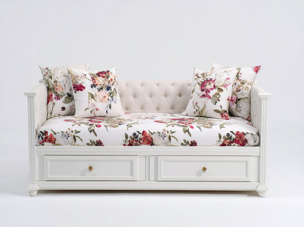 Schlafsofa Tagesbett 205x95x88 cm - Weiß Creme und Blumenmuster - mit 2 Schubladen