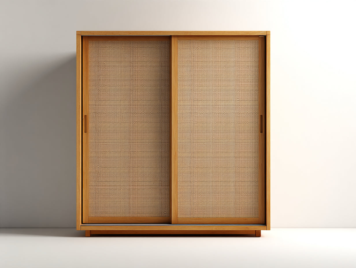Kleiderschrank aus Massivholz und Rattan 160x60x190 cm - Naturfarben - 2 Schiebetüren im modernen Stil