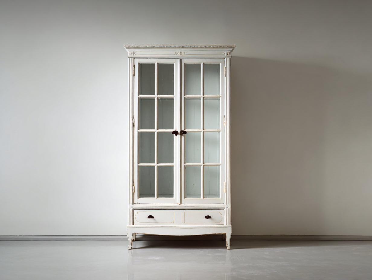 Vitrinen Holz 90x40x180 cm - Weiß-Transparent - Klassische Standvitrine mit 2 Glastüren und 2 Schubladen für Wohnzimmer und Esszimmer