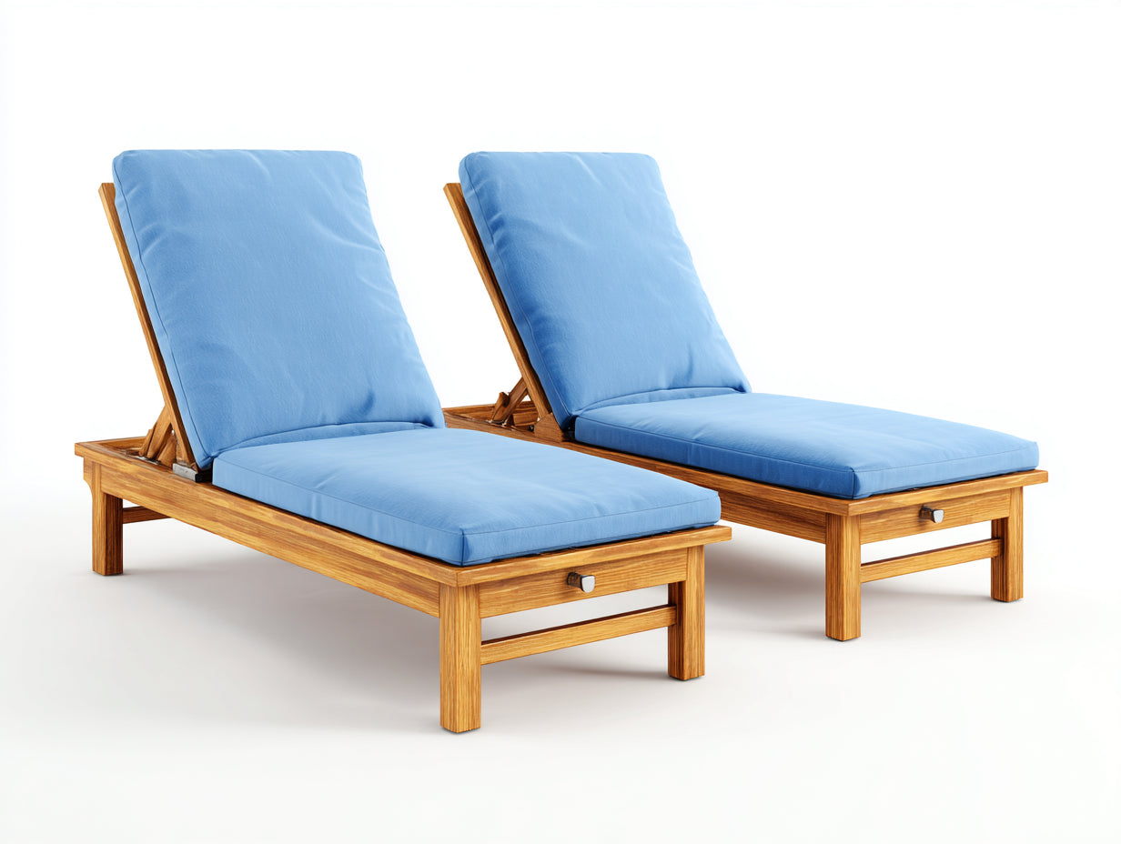 Sonnenliege 2er Set aus Holz 200x70x35 cm - Naturbraun und Hellblau - mit verstellbarer Rückenlehne