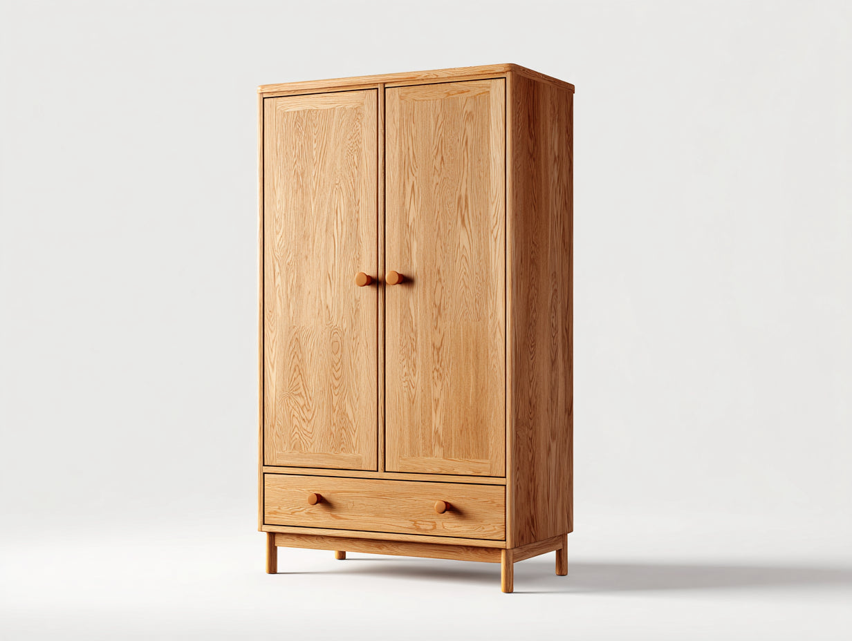 Kleiderschrank Holz 95x55x180 cm - Naturholz - 2-türig mit 1 Schublade für Schlafzimmer