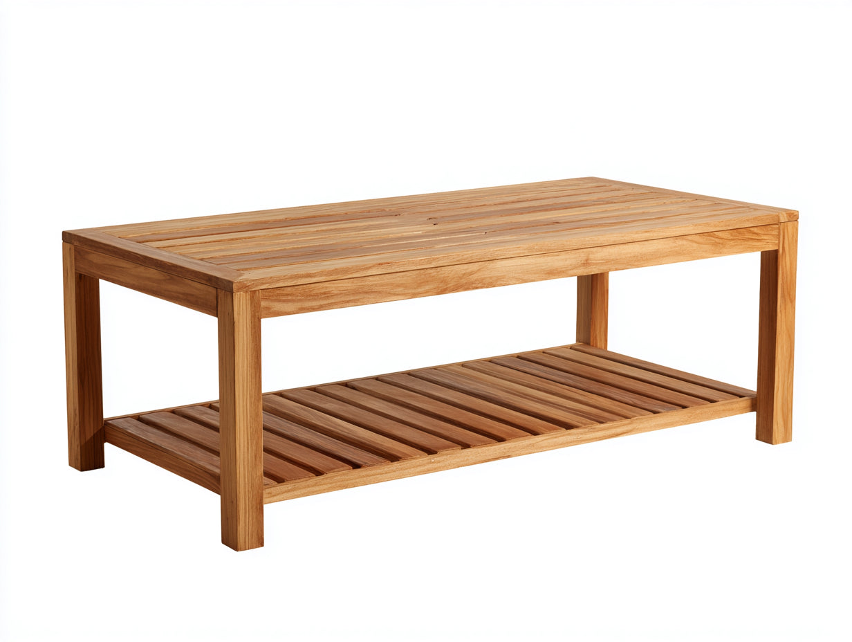 Gartentisch aus Holz 140 x 70 x 50 cm - Naturbraun - Rechteckiges Lamellendesign mit unterer Ablage für Garten und Terrasse