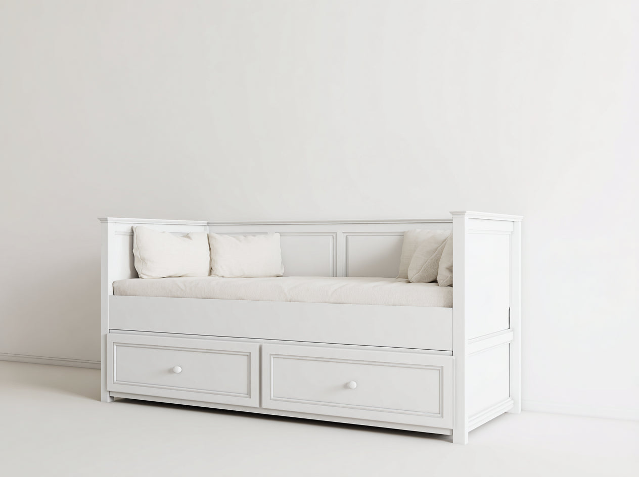 Schlafsofa aus Holz und Stoff 210 x 95 x 95 cm - Weiß Creme - Klassisches Tagesbett mit 2 Schubladen für Schlafzimmer und Gästezimmer